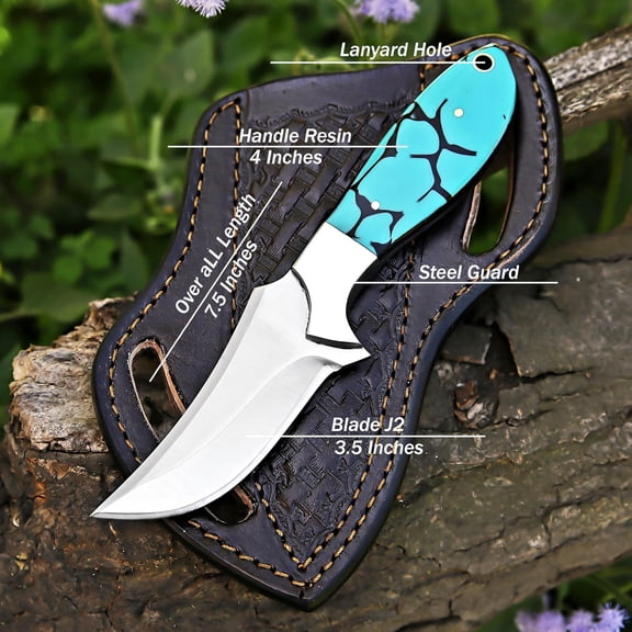 Custom Handmade 7'' Fixed Blade Hoof Rasp Knife Cow Boy Knife Turquoise Handle Damascus Steel Bull Cutter,  Knives with Pancake Leather Sheath (BLUE RESIN)
