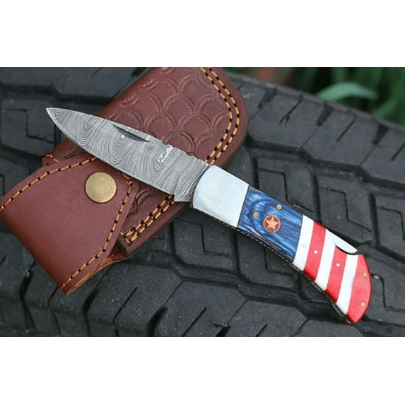 Custom Handmade Damascus Steel Back Lock Folding Pocket Knife American Flag With Blue Red White Dollar Sheet Handle