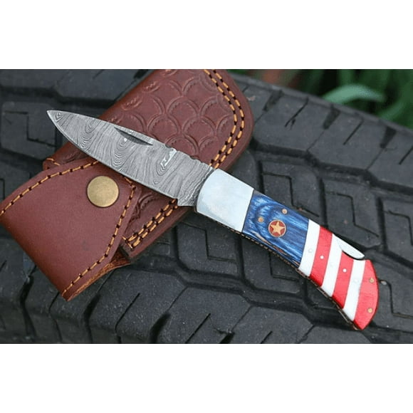 Custom Handmade Damascus Steel Back Lock Folding Pocket Knife American Flag With Blue Red White Dollar Sheet Handle