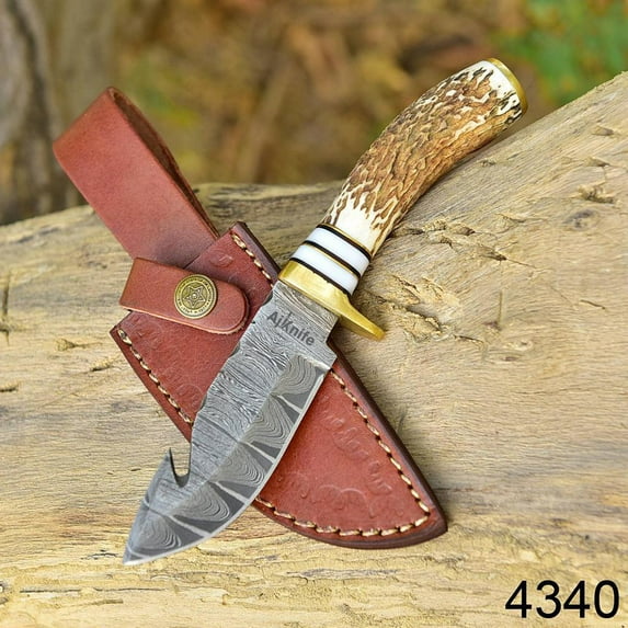 Custom Handmade Damascus Steel Fixed Blade Knife Stag Antler Handle Brass Guard