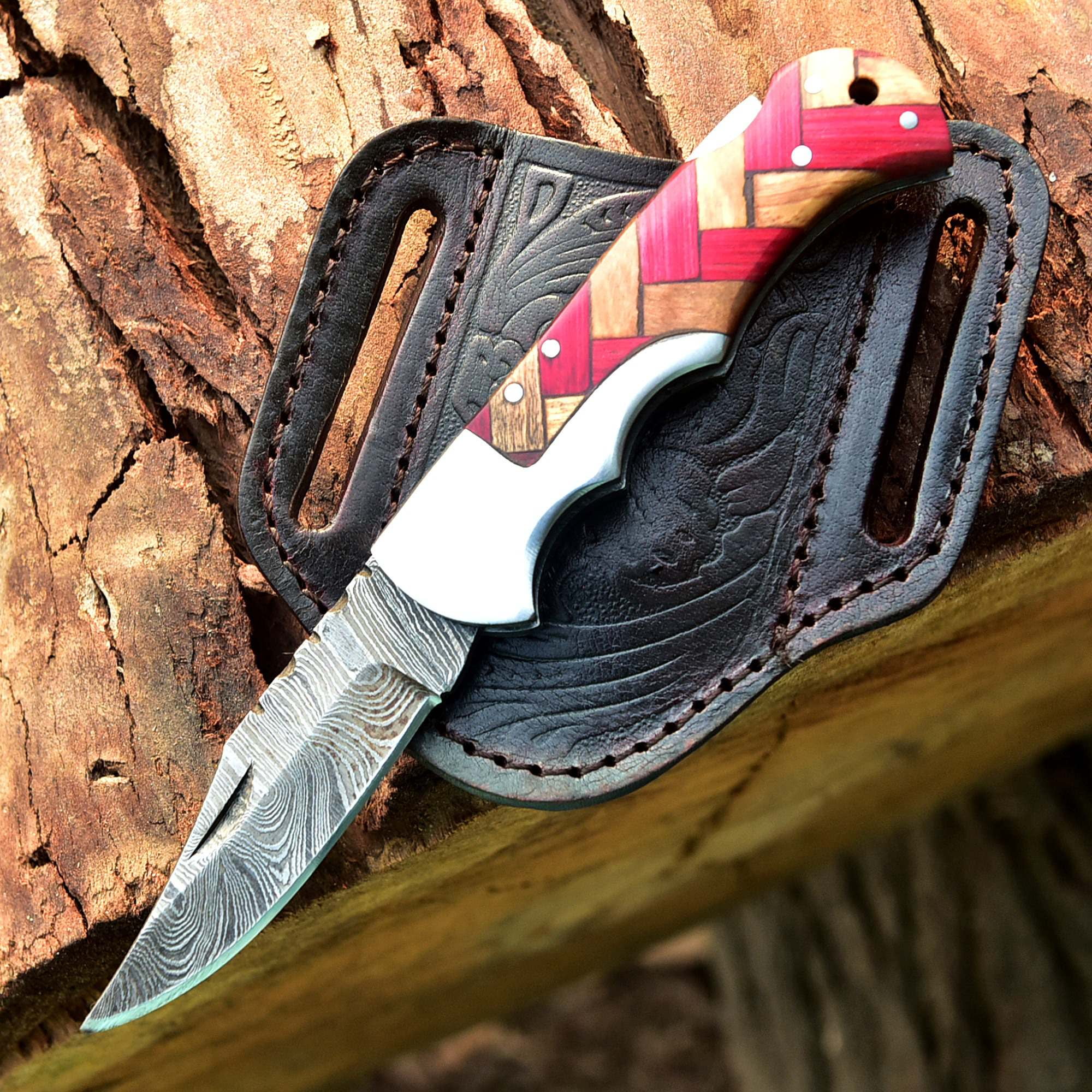 Custom Handmade Damascus Steel Folding Knife/Pocket Knife SS-170479(Red and Olive  Wood)
