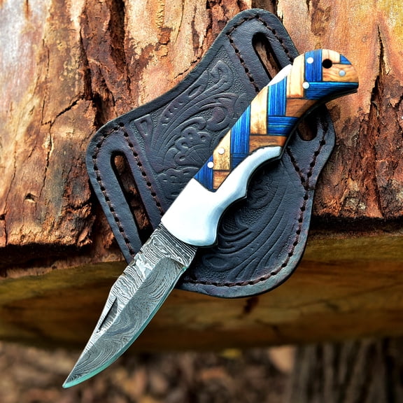Custom Handmade Damascus Steel Folding Knife/Pocket Knife SS-170480 (Blue and Olive  Wood)