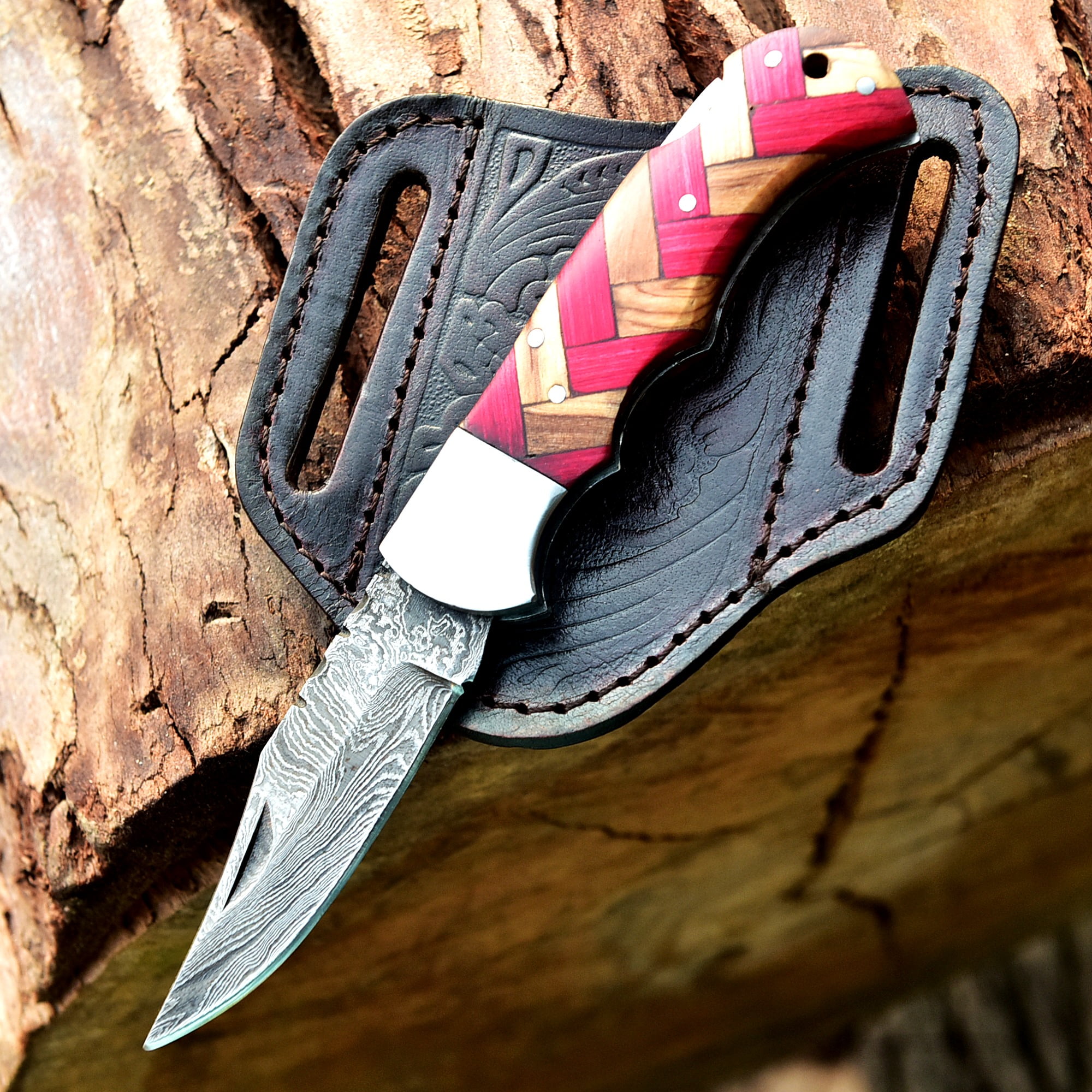 Custom Handmade Damascus Steel Folding Knife/Pocket Knife SS-170481 (Red and Olive  Wood)
