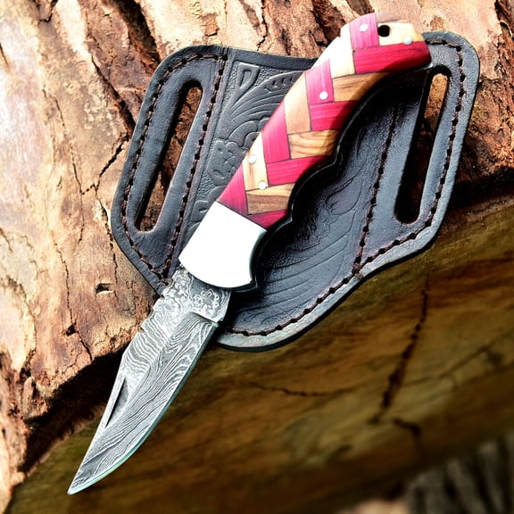 Custom Handmade Damascus Steel Folding Knife/Pocket Knife SS-170481 (Red and Olive Wood)