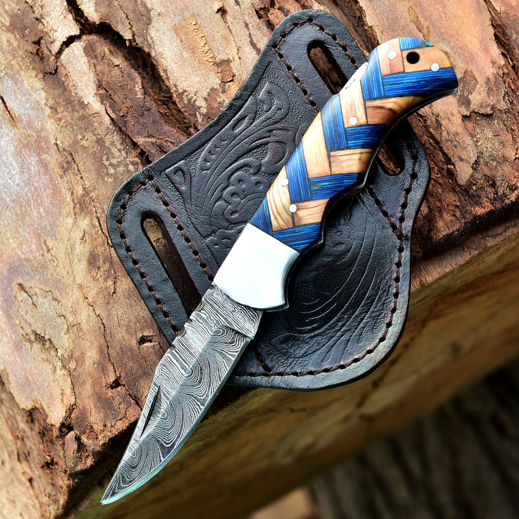 Custom Handmade Damascus Steel Folding Knife/Pocket Knife SS-170482 (Blue and Olive  Wood)