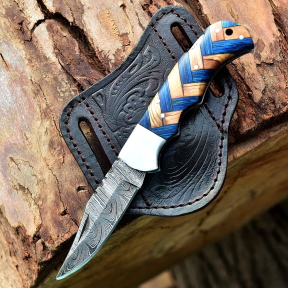 Custom Handmade Damascus Steel Folding Knife/Pocket Knife SS-170482 (Blue and Olive Wood)