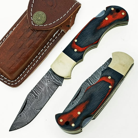Custom Handmade Damascus Steel Folding Knife/Pocket Knife SS-17481(Red and Black Wood)