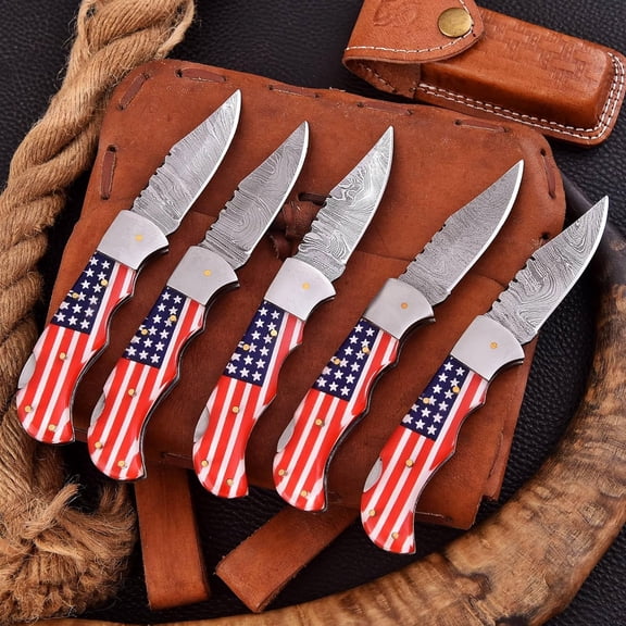 Custom Handmade Damascus Steel Folding Knife/Pocket Knife SS-17515 5 Pcs. Lot (Red and Blue Colored Resin)