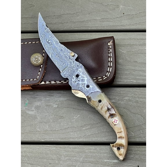 Custom Handmade Damascus Steel Folding Knife - Ram Horn Handle (FN-76)