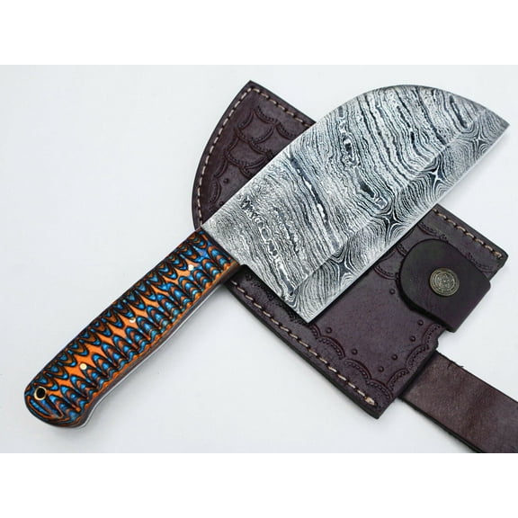 Custom Handmade Damascus Steel Serbian Chef Cleaver Chopper Knife with Sheath