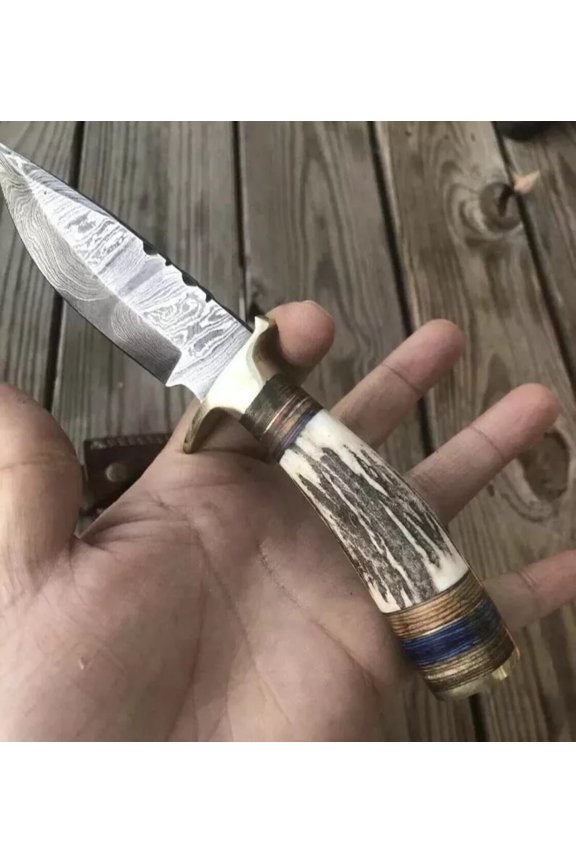 Custom Handmade Damascus Steel Skinning knife Stag Antler Handle With Belt Leather Sheath