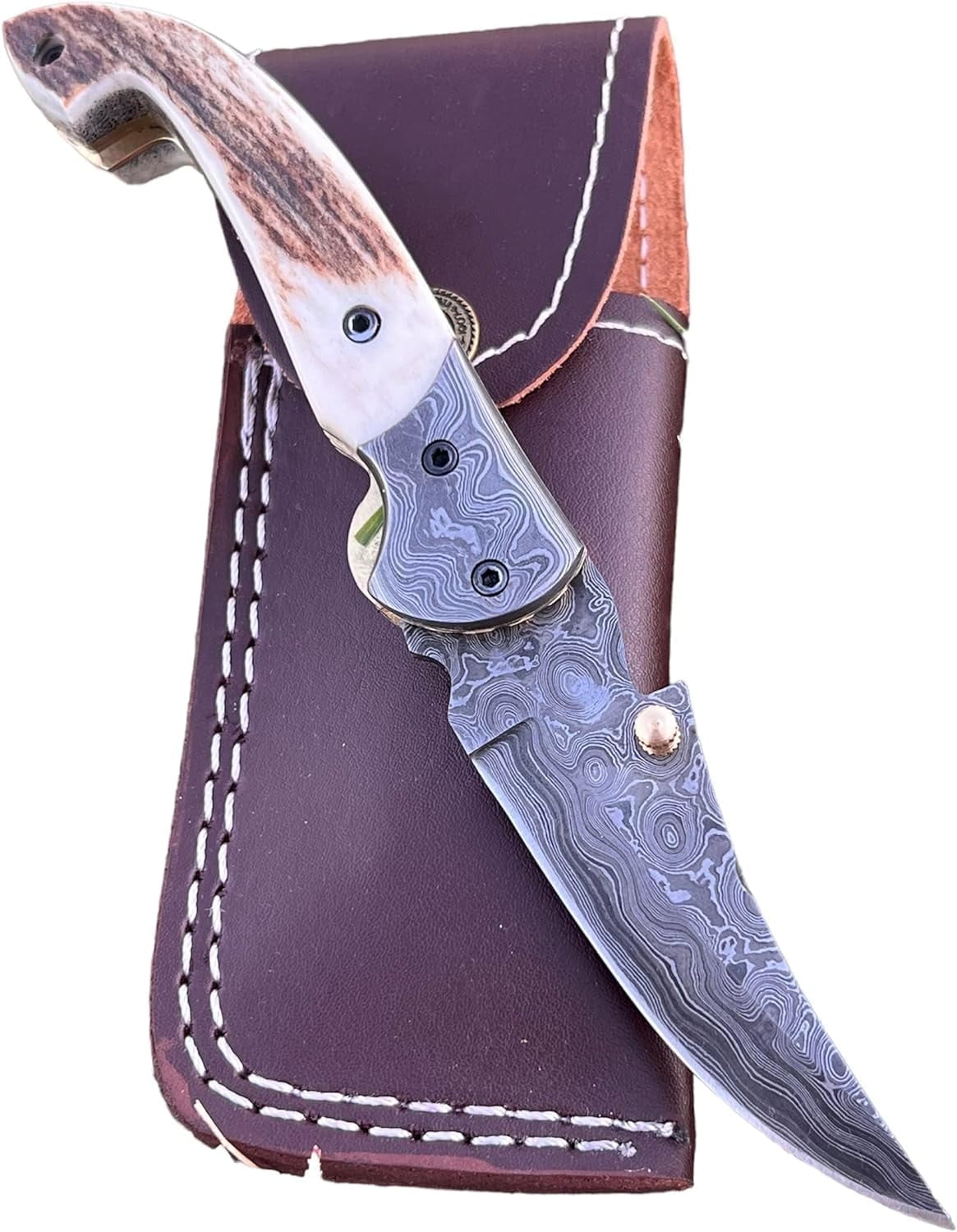 Poshland Custom Handmade 3.2" Tactical Knife with Damascus Steel Stag Horn Handle