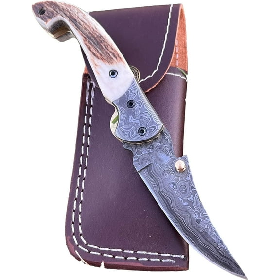 Poshland Custom Handmade 3.2" Tactical Knife with Damascus Steel Stag Horn Handle