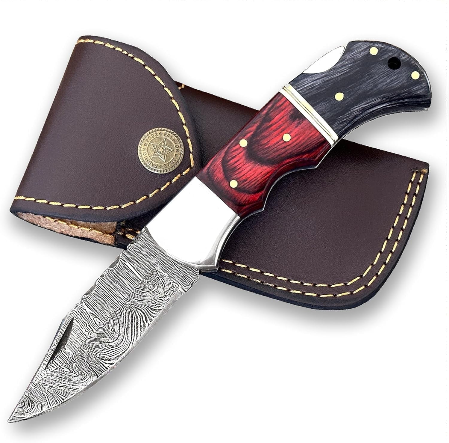 Poshland Damascus Pocket Knife For Men, Handmade Folding Damascus Steel Knife with Sheath For Hunting, Camping, Hiking, Wooden Handle Back Lock Knife