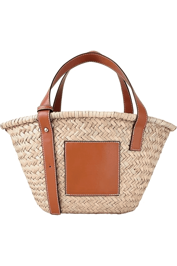 Custom Handmade Women's Straw Basket Tote Bag - Natural raffia tote bag with faux leather shoulder strap