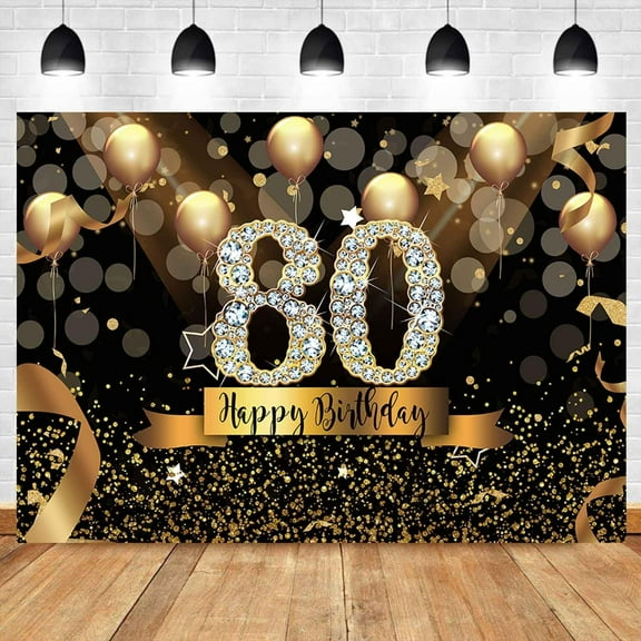 Custom Happy 80th Birthday Backdrop for Men Women Glitter Black and Gold Balloons Photography Background for 80th Birthday Party Decorations Shining Diamond 80 Years Old Photo Booth Banner 7x5ft