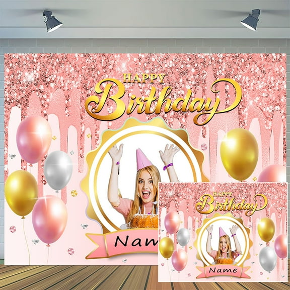 Custom Happy Birthday Backdrop, Pink Rose Glitter Glitter Backdrop Personalized Birthday Party Decoration Banner 12 x 10 ft, Girls Woman Birthday Photography Backdrop Photo Props