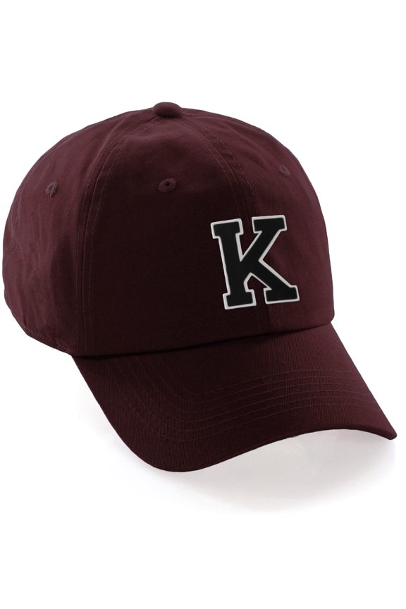 Custom Hat A to Z Initial Letters Classic Baseball Cap, Burgundy Hat White Black Letter K