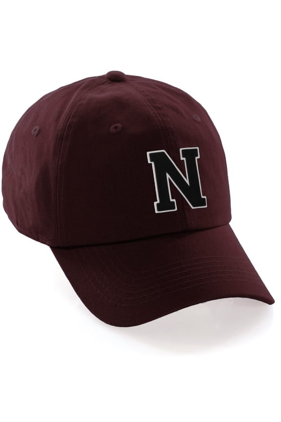 Custom Hat A to Z Initial Letters Classic Baseball Cap, Burgundy Hat White Black Letter N