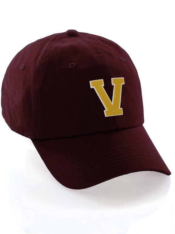 Custom Hat A to Z Initial Letters Classic Baseball Cap, Burgundy Hat White Gold Letter V