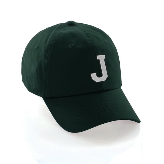 Custom Hat A to Z Initial Letters Classic Baseball Cap, Dk Green Hat Black White Letter J