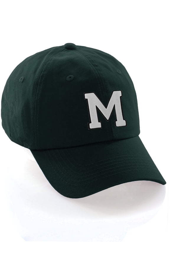 Custom Hat A to Z Initial Letters Classic Baseball Cap, Dk Green Hat Black White Letter M