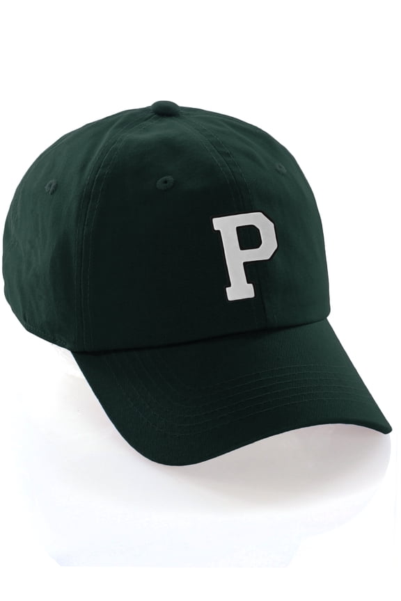 Custom Hat A to Z Initial Letters Classic Baseball Cap, Dk Green Hat Black White Letter P