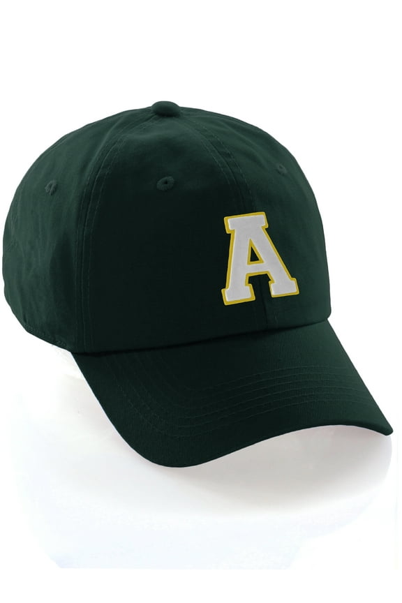 Custom Hat A to Z Initial Letters Classic Baseball Cap, Dk Green Hat Gold White Letter A