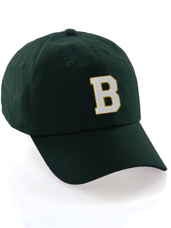 Custom Hat A to Z Initial Letters Classic Baseball Cap, Dk Green Hat Gold White Letter B
