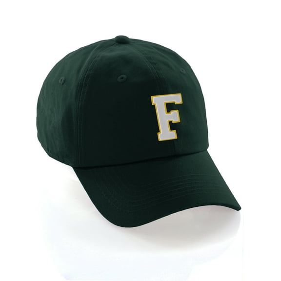 Custom Hat A to Z Initial Letters Classic Baseball Cap, Dk Green Hat Gold White Letter F