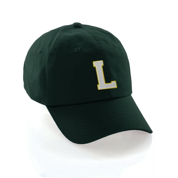 Custom Hat A to Z Initial Letters Classic Baseball Cap, Dk Green Hat Gold White Letter L