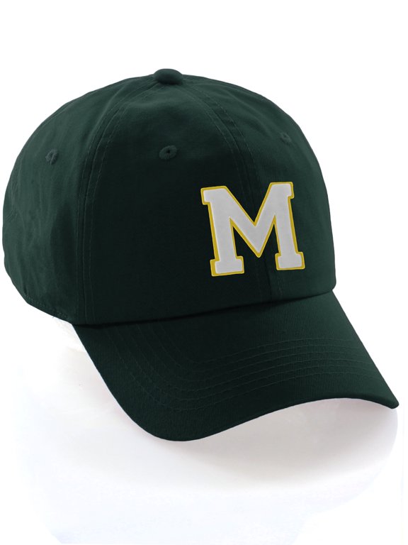 Custom Hat A to Z Initial Letters Classic Baseball Cap, Dk Green Hat Gold White Letter M