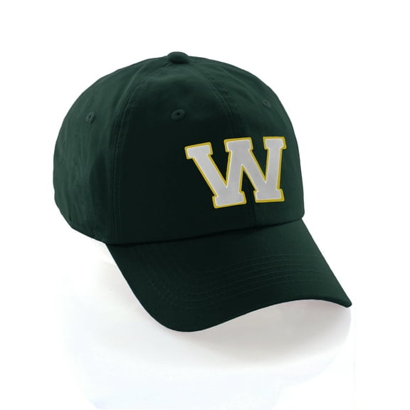 Custom Hat A to Z Initial Letters Classic Baseball Cap, Dk Green Hat Gold White Letter W