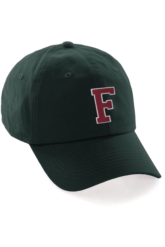 Custom Hat A to Z Initial Letters Classic Baseball Cap, Dk Green Hat White Red Letter F