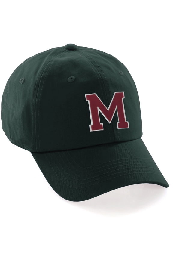 Custom Hat A to Z Initial Letters Classic Baseball Cap, Dk Green Hat White Red Letter M