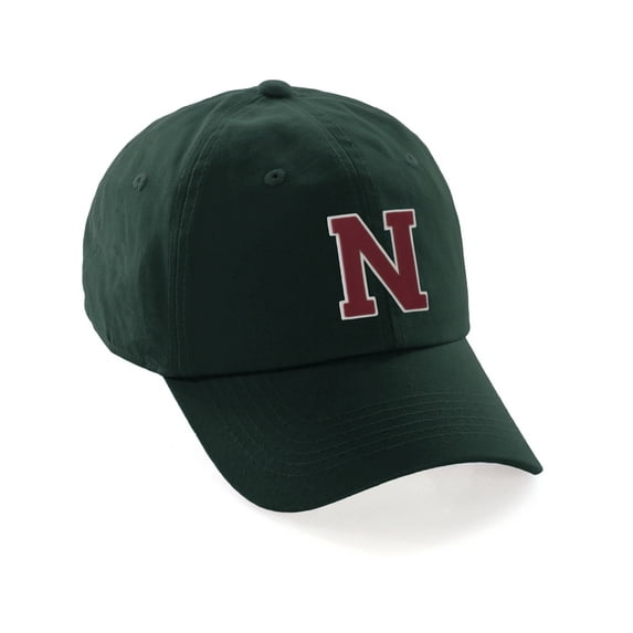 Custom Hat A to Z Initial Letters Classic Baseball Cap, Dk Green Hat White Red Letter N