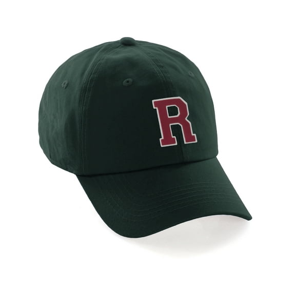 Custom Hat A to Z Initial Letters Classic Baseball Cap, Dk Green Hat White Red Letter R