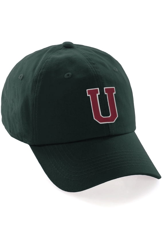 Custom Hat A to Z Initial Letters Classic Baseball Cap, Dk Green Hat White Red Letter U