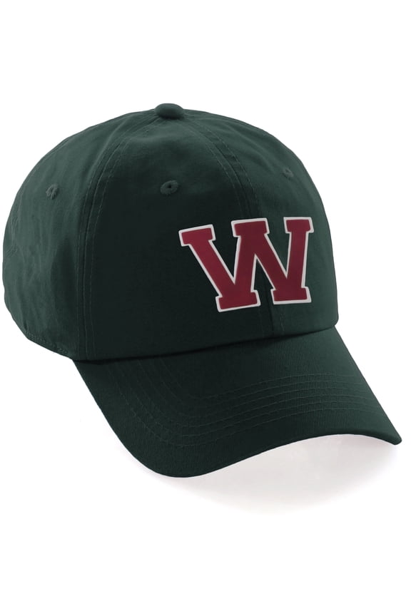 Custom Hat A to Z Initial Letters Classic Baseball Cap, Dk Green Hat White Red Letter W