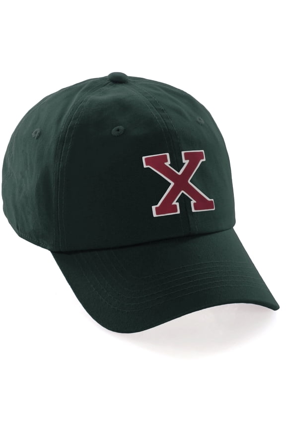 Custom Hat A to Z Initial Letters Classic Baseball Cap, Dk Green Hat White Red Letter X