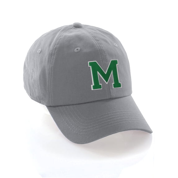 Custom Hat A to Z Initial Letters Classic Baseball Cap, Light Grey White Green Letter M