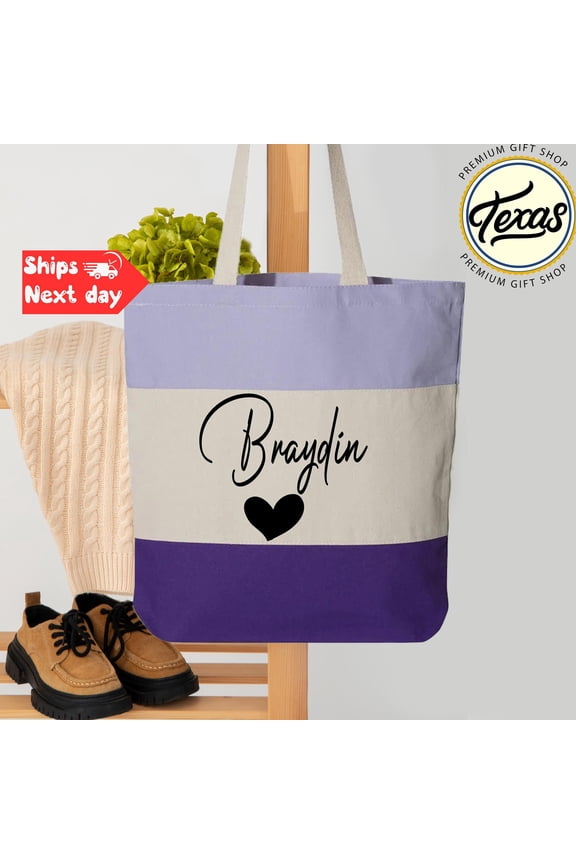Custom Heart Name Tri-Color Tote Bag Personalized Gift Bag