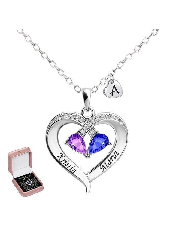 Custom Heart Necklace for Women Personalized Engraved Necklace with Name & Birthstone Custom Jewelry Gift for Wife Girlfriend or Loved One Valentines Day Birthday Gifts (Sliver) ...