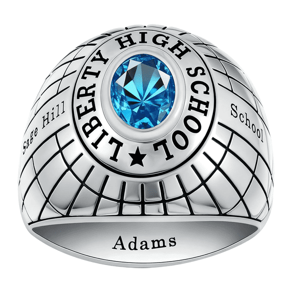 Custom High School Class Ring with Globe Sports Design - Personalized Sliver Rose Gold Graduation Band with Birthstone, Engraved School Name & Mascot, Unique Memorial Gift for Seniors & Athletes