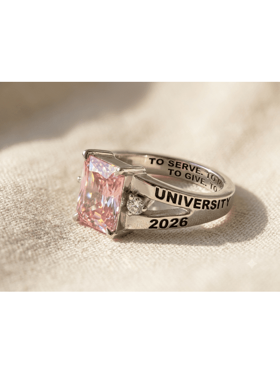 Custom High School Class Ring with Radiant Cut Pink Cubic Zirconia Center Stone and Side Accent Diamonds in Silver Tone (Class of 2026)