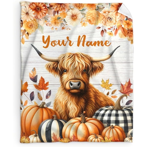 Custom Highland Cow Blanket for Girls Boys with Name, 40 x 30 Inches Soft Fuzzy Blanket for Highland Cow Lovers, Cozy Orange Warm Flannel Throw Blanket Bed Sofa Room Decor, Travel, Chair