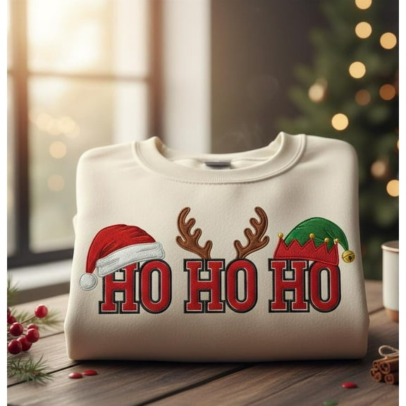Custom Ho Ho Ho Christmas Sweatshirt, Embroidered Santa Hat Reindeer Elf Design, Funny Holiday Crewneck, Festive Gift Sweater