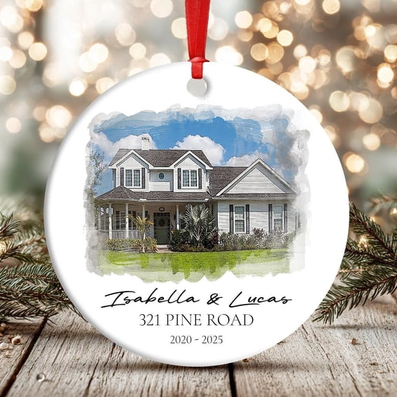 Custom Home Portrait Ornament - Ceramic Keepsake with House Photo, Names, Address & Years 2020-2025, Gift for Couples or Families