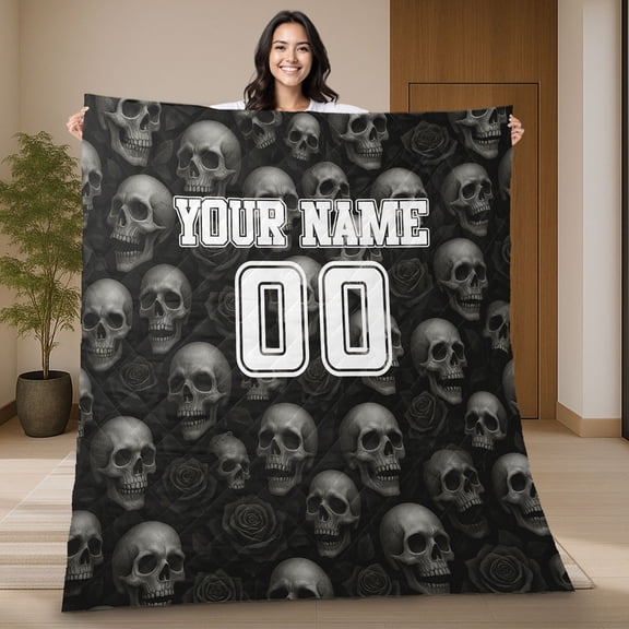 Custom Horror Skull Quilt Blanket with Name and Number, Personalized Gothic Halloween Blanket, Unique Quilt Gift for Skull Lovers