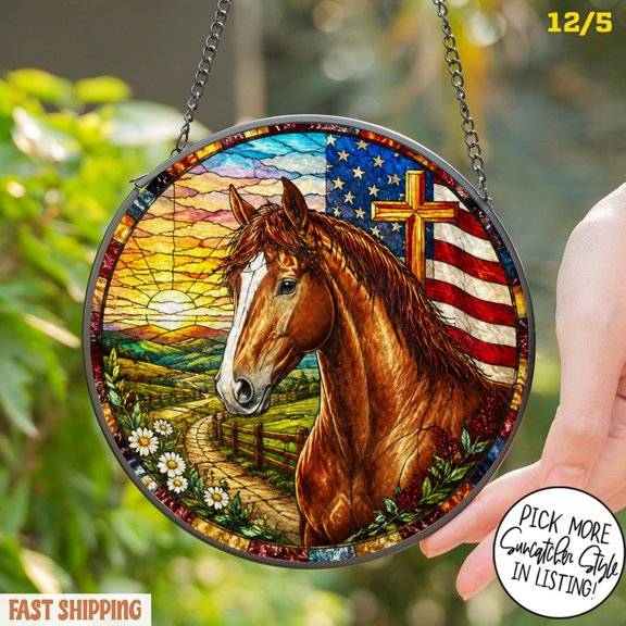 Custom Horse Patriotic Stained Glass Suncatcher, Personalized Pet Home Decor, US 250Th Pet Decor, 1776-2026 Gift For Pet Lovers